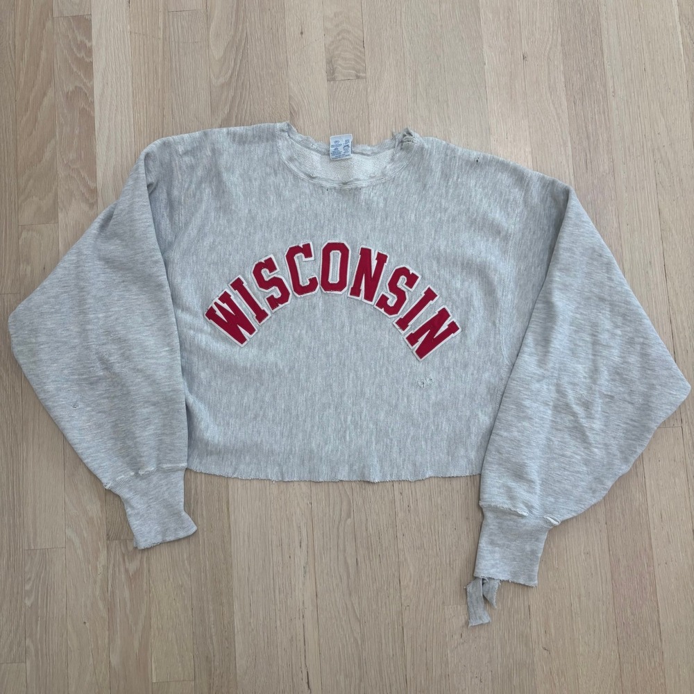 Champion Wisconsin Sweatshirt Mens XXL Gray Fair Distressed Cropped RW